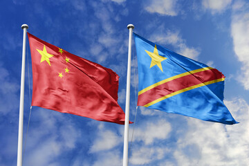 3d illustration. China and AAAAAAAAA Flag waving in sky. High detailed waving flag. 3D render....