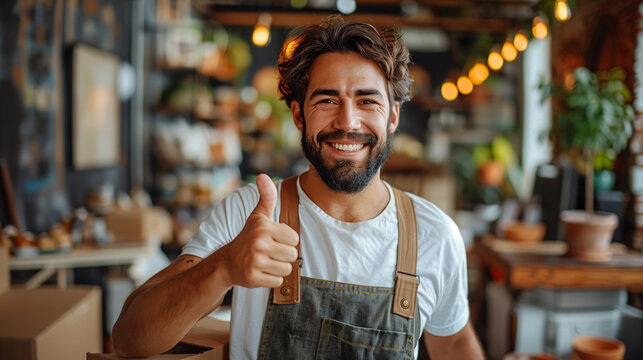 Young happy smiling employee of moving service overall standing in the living room of new house holding cardboard box and showing thumb up.