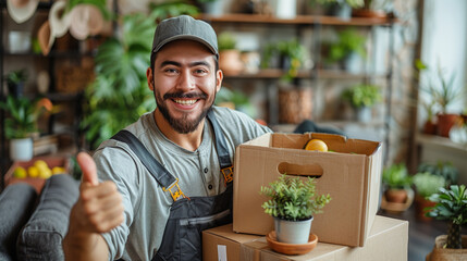 Young happy smiling employee of moving service overall standing in the living room of new house holding cardboard box and showing thumb up.
