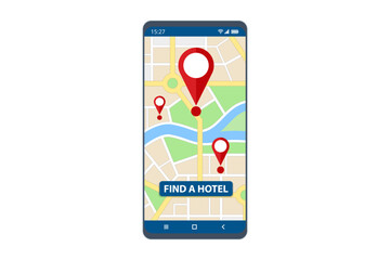 Isometric Online booking phone application. Buying ticket with smartphone. People booking hotel and search reservation for holiday. Smartphone maps gps location.