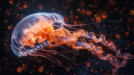 Naklejka premium A surreal composition featuring a comet jellyfish,View of majestic jellyfish in the ocean