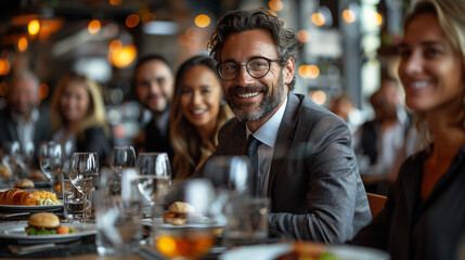 Diverse business people gathered at table during a meeting at cafe.