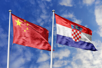 3d illustration. China and Croatia Flag waving in sky. High detailed waving flag. 3D render. Waving...