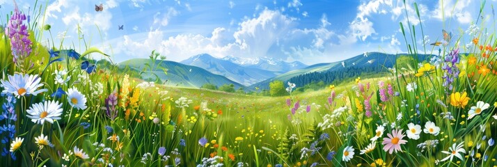Summer flowers in flower meadow - A panoramic background full of summer flowers relaxation