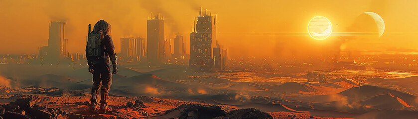 A futuristic cityscape with hovering holographic displays against a barren isolated wasteland backdrop