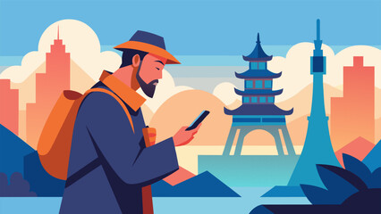A traveler using a language translation app on their phone to communicate with locals in a foreign country. With the help of technology they are