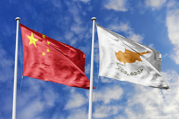 3d illustration. China and Cyprus Flag waving in sky. High detailed waving flag. 3D render. Waving...