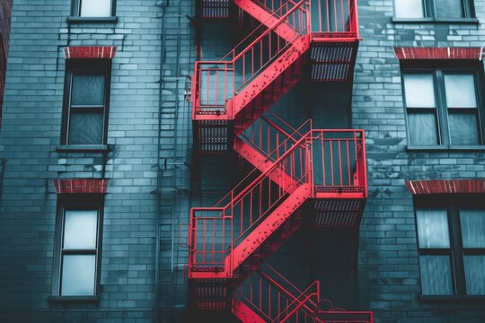 Red Spiral Fire Escape Stairs on Gray Building in an Urban Context