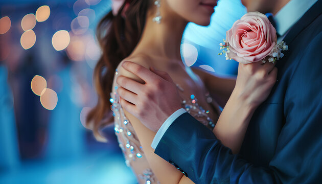 Young woman with corsage and her prom date dancing on blue background, closeup