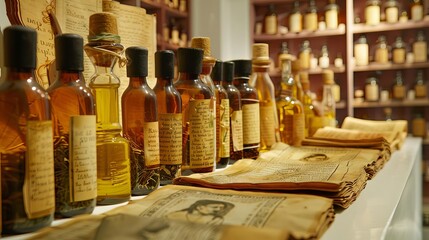 Ancient scrolls and bottles of herbal concoctions displayed in a museum, illustrating the historical importance and revered status of traditional medicine