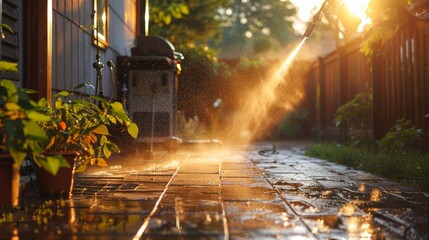 Exterior of a home being washed with a high-pressure cleaner