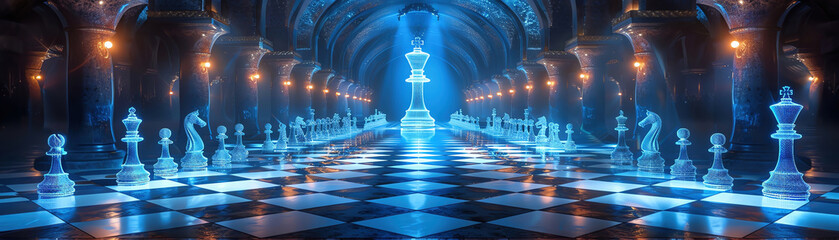 A holographic futuristic chess set displaying intricate moves in a tranquil isolated room