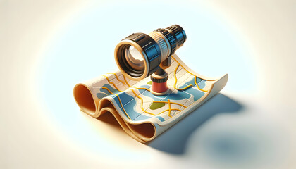Exploring Unseen Corners: 3D Flat Icon of Cartographic Curiosity with Macro Lens on Paper Map in Isometric Scene - obrazy, fototapety, plakaty