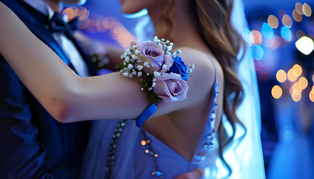 Young woman with corsage and her prom date dancing on blue background, closeup