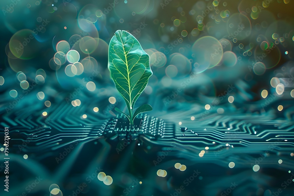Poster blurry background of a sprouting technology plant with microchip circuit board. concept technology, 