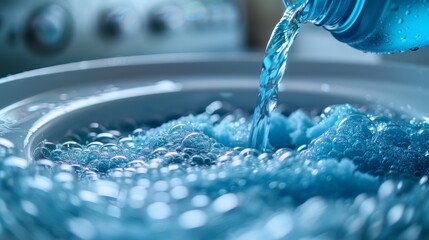 Close-up of pouring laundry detergent into washing machine - obrazy, fototapety, plakaty