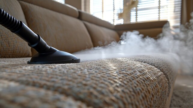 Close-up of a steam cleaner sanitizing a sofa, spotless result