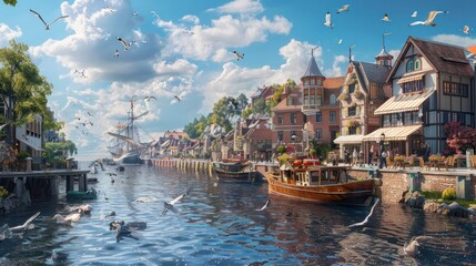 Fototapeta premium coastal town with a bustling seafood restaurant overlooking the harbor, where boats unload their catches and seagulls soar overhead. 