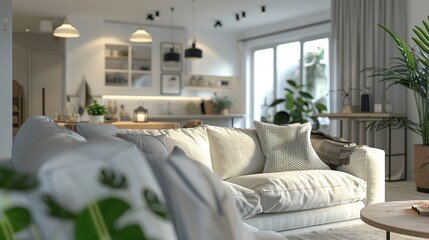 Modern scandinavian style home living room interior with comfortable white sofa, natural lighting from glass windows. With potted plant decoration.