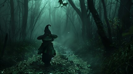 fairy-tale character, gnome at night in the forest - obrazy, fototapety, plakaty