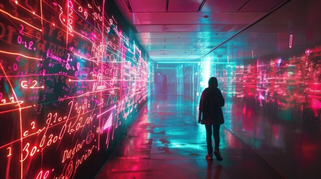 A photograph of a person walking through a brightly lit hallway with bright neon equations and formulas projected onto the walls conveying the idea of a symphony of mathematical and .