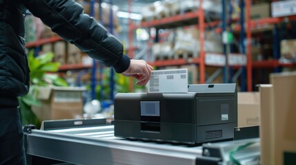 person using a custom-branded shipping label printer, highlighting its efficiency
