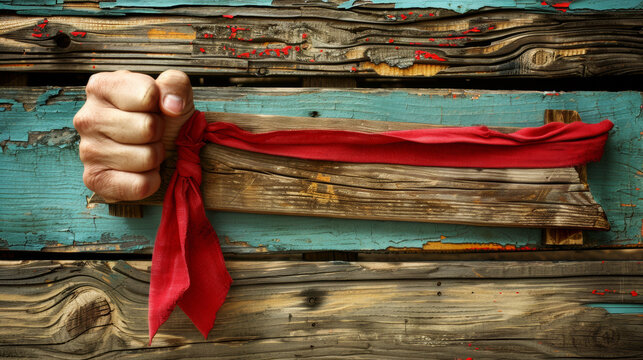 A hand is holding a red ribbon and the ribbon is tied around a wooden board. Concept of frustration or anger