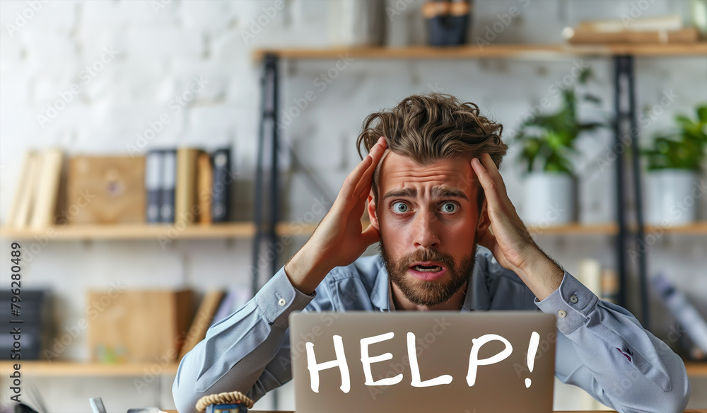 Poster a man is sitting at a desk with a laptop open and the word help written on it. he is looking at the 