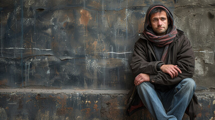 A man sits on a cement wall with a scarf around his neck. He looks sad and lonely - obrazy, fototapety, plakaty