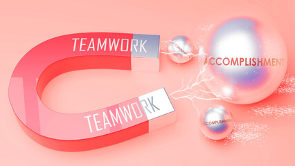 Teamwork attracts Accomplishment. A magnet metaphor in which power of teamwork attracts accomplishment. Cause and effect relation between teamwork and accomplishment. ,3d illustration