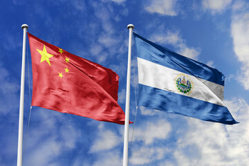 3d illustration. China and El Salvador Flag waving in sky. High detailed waving flag. 3D render....