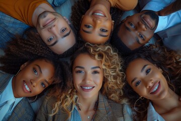 An overhead shot of six friends lying down together, smiling, and looking up at the camera