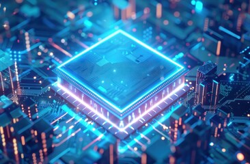 Central Computer Processor on motherboard with futuristic neon light