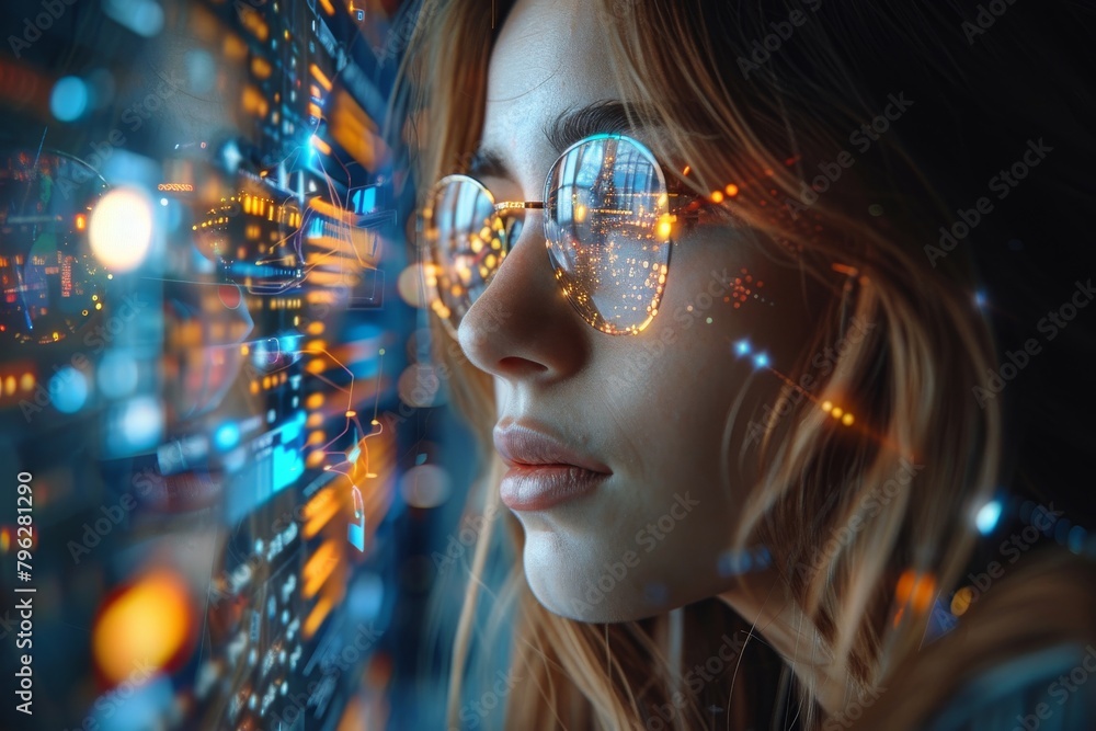 Poster an abstract interpretation of a woman in blurred focus against a backdrop of illuminated datacenter 