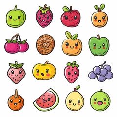 Fruit icons set. Cute kawaii cartoon fruit. Vector illustration.