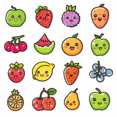 Fruit icons set. Vector illustration of kawaii fruits.