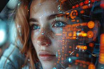 Close-up of a woman’s face overlaid with glowing futuristic digital graphics suggesting technology