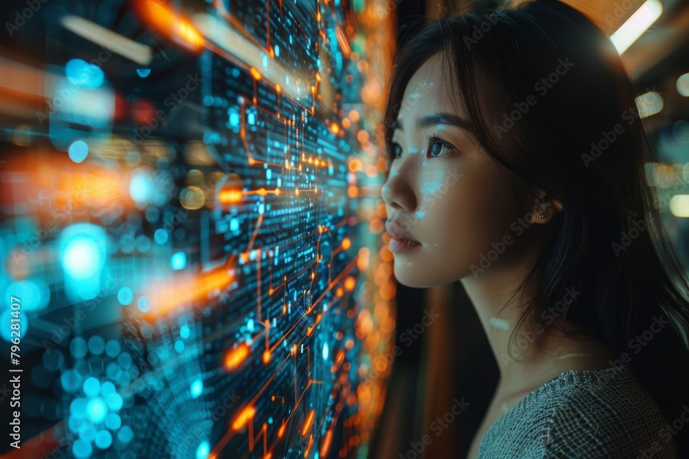 Poster with keen interest, a person observes the pulsating streams of data and light showcasing the digital