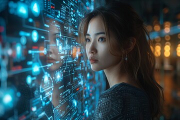 Serene Asian female with a backdrop of complex high-tech graphical interface