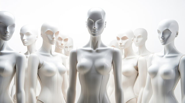 generated illustration row of  plastic female mannequin for clothes