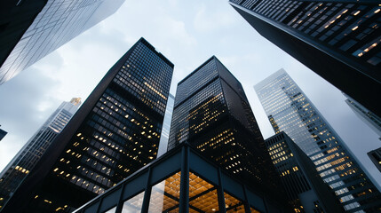 A view of a high rise glass building and a dark steel window system on a blue clear sky background. A business concept of future architecture, looking up to the sun's light on top of the building. 3D