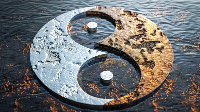An illustration of a yin and yang symbol made up of contrasting economic elements like growth and stability representing the constant push and pull necessary to achieve economic balance. .