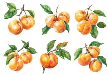 Watercolor set of apricots isolated on transparent background. 
