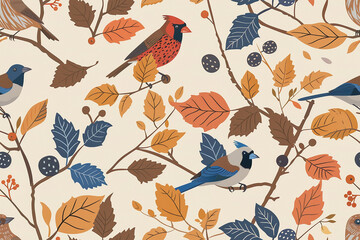 Autumn birds and foliage seamless pattern with a colorful design