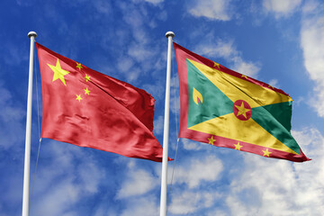 3d illustration. China and Grenada Flag waving in sky. High detailed waving flag. 3D render. Waving...