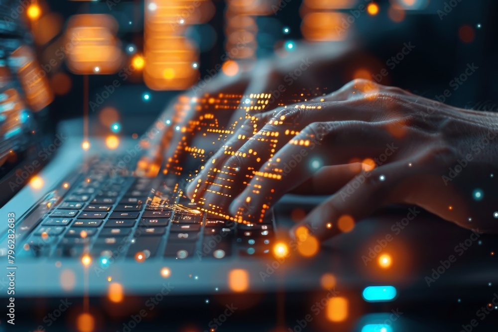 Poster striking image of hands typing, superimposed with digital binary code, illustrating information tech