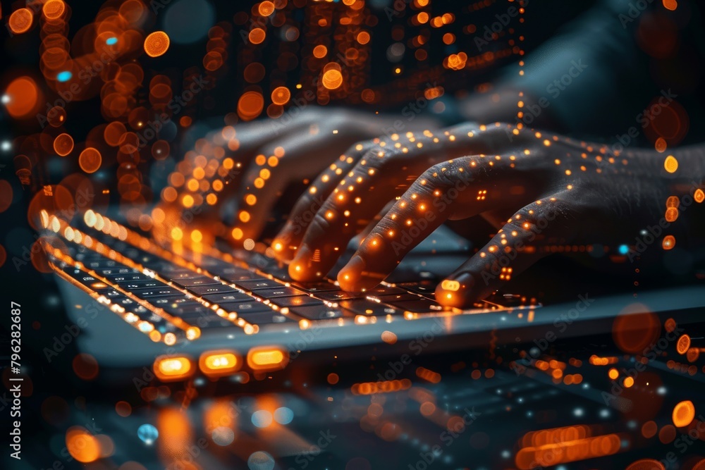 Aufkleber this image showcases hands typing on a keyboard with a futuristic vibe of radiant light particles em