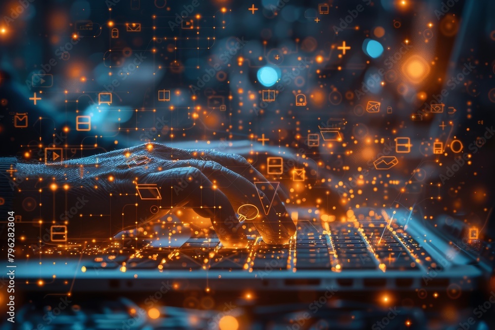 Poster an illustrative depiction of hands typing on a keyboard, surrounded by digital interface icons and s