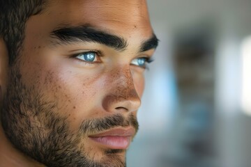 Obraz premium Closeup of a serious attractive young man emphasizing attention to detail. Concept Serious, Attractive, Young Man, Closeup, Detail