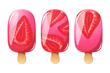 A set of strawberry ice cream, berry popsicle on a wooden stick with strawberry pieces. Strawberry ice cream. Summer cold dessert, frozen juice, berry ice. Vector illustration.